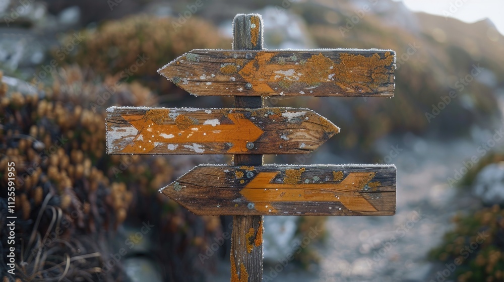 Poster wooden sign with arrows pointing left, right, up and down, suitable for use in navigation or wayfind