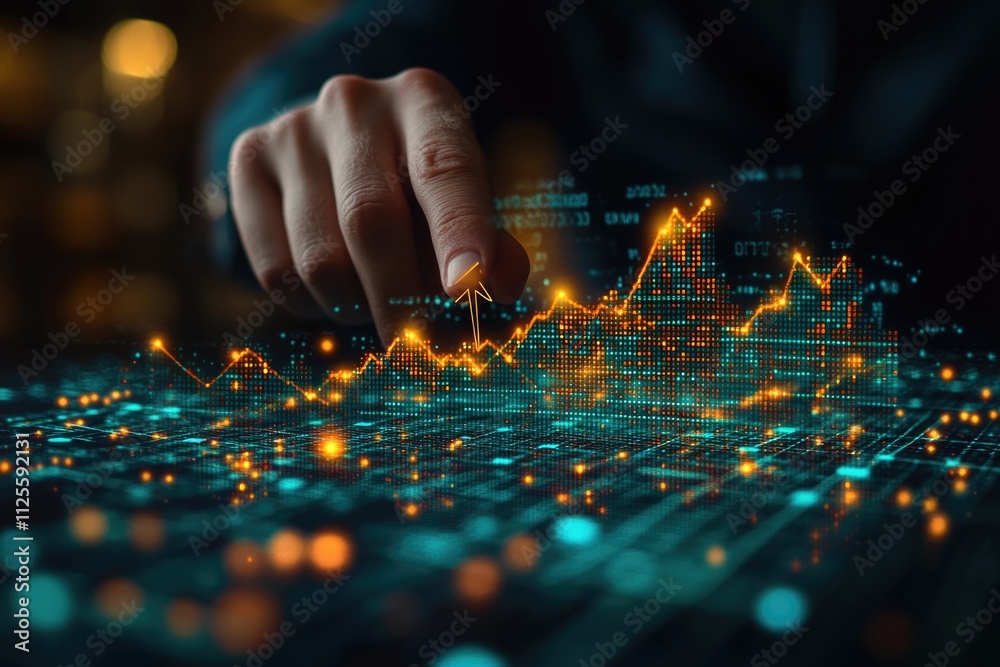 Poster a person examines information on a computer screen with a graph visible