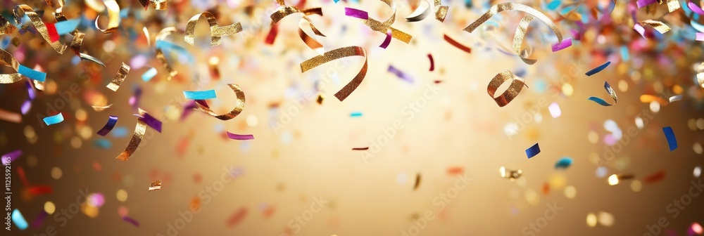 Poster festive confetti and curling ribbons cascade over a shimmering golden backdrop, evoking a joyful new