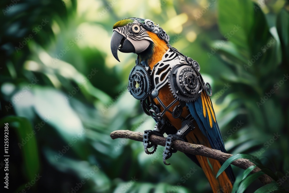 Poster colorful parrot resting on a branch in a lush jungle environment