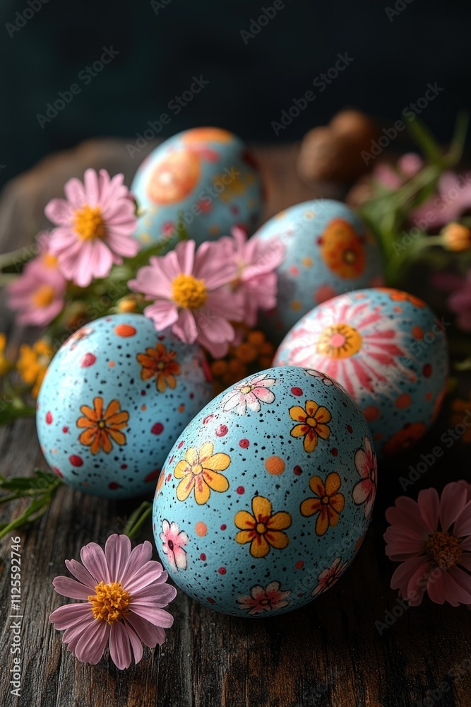 Poster a collection of colorful painted eggs arranged on a wooden table, ideal for spring or easter-themed 