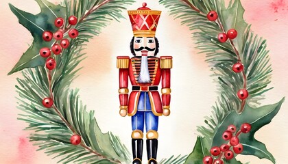 A nutcracker surrounded by holly, pinecones, and berries, set against a snowy and magical backdrop