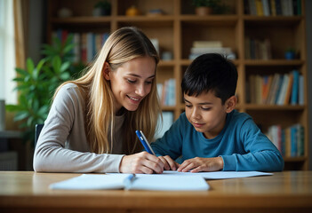mother and child studying together. pretty young woman and a kid writing homework at home. AI Generated