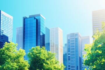 Obraz premium A city street with modern skyscrapers and bustling urban life