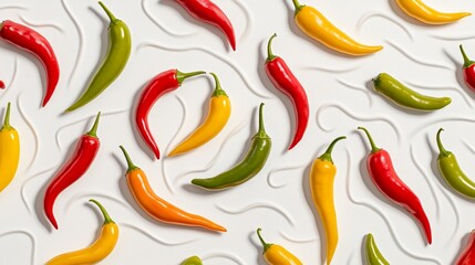 Vibrant chili peppers mixed pattern on white background
