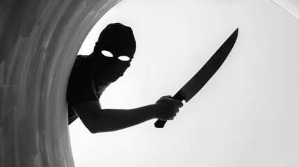 A shadowy figure grips a knife, lurking in the dim light of a condo, embodying the essence of a chilling murder scene.