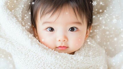 A cute baby wrapped in a cozy blanket, with gentle snowflakes falling softly on their cheeks during winters chill.
