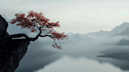 Majestic red bonsai on cliff overlooking misty mountain lake