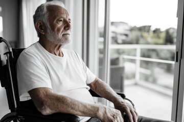 An older man in a wheelchair gazes thoughtfully outside, capturing the essence of contemplation and life's reflections in a serene home environment bathed in natural light.