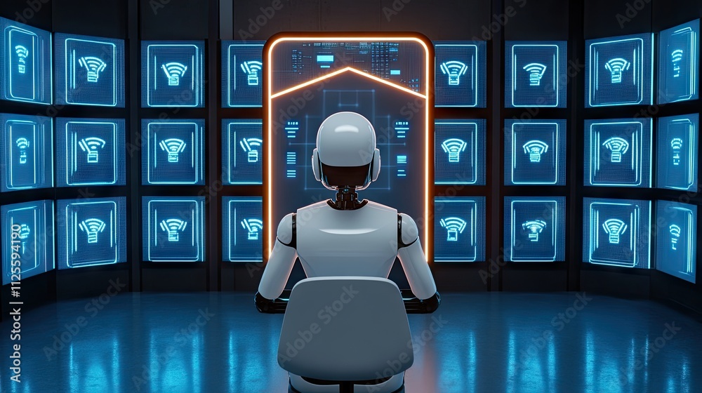Poster futuristic robot analyzing data in high-tech control room environment