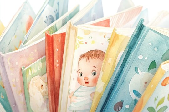 A close-up view of a baby's face peeking out from inside a book