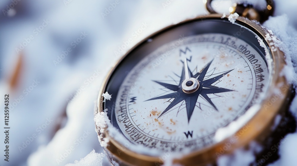 Poster a detailed view of a compass lying on snowy ground