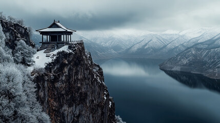Serene snow-capped mountain landscape with a gazebo overlooking a calm lake