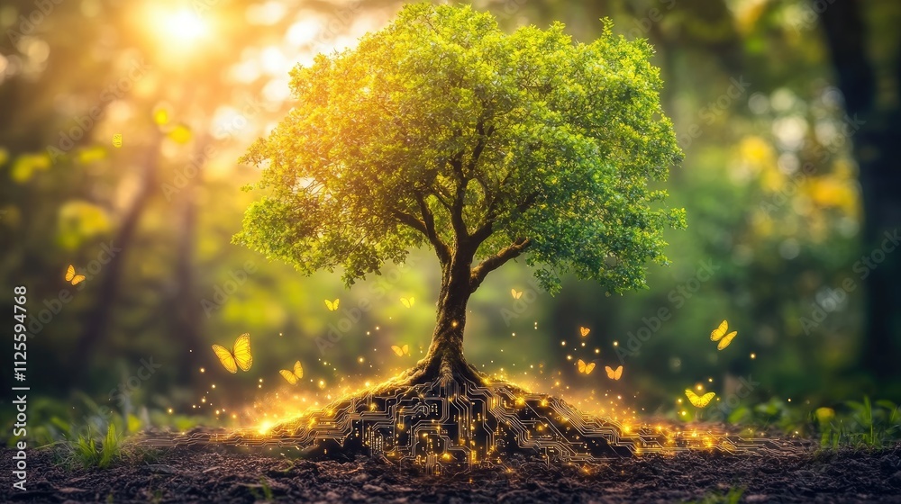 Poster Tree with Digital Roots Surrounded by Butterflies in Forest Setting