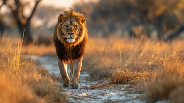 Majestic male lion walking towards the camera on a dirt path in the African savanna during golden hour.