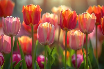 Naklejka premium A bunch of pink and orange tulips growing together in a natural environment
