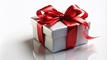 Obraz premium A beautifully designed white square gift box adorned with a shiny red satin bow, ideal for celebrations, gifts, and special occasions against a clean white background.