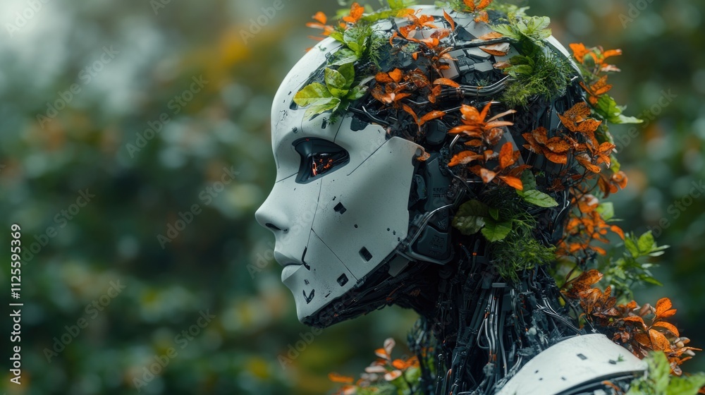 Poster a robotic figure adorned with flowers, perfect for illustrations or designs requiring a unique blend