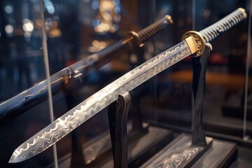 Close-up view of a knife exhibited in a glass case