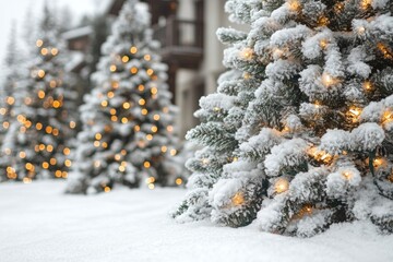 Row of Christmas trees covered in snow, perfect for winter holiday decorations and festivities