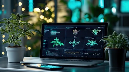 Modern Laptop with Cannabis Data and Green Plants on Stylish Desk