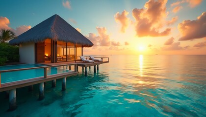 Idyllic overwater bungalow against a stunning tropical sunset with vibrant orange and blue hues illuminating the calm ocean waters.