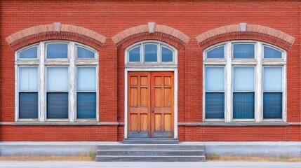 Fototapeta premium Historic Brick Building with Arched Windows and Wooden Doors