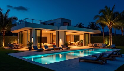 Fototapeta premium Luxury modern villa with illuminated swimming pool and palm trees at dusk, creating a serene and elegant atmosphere.