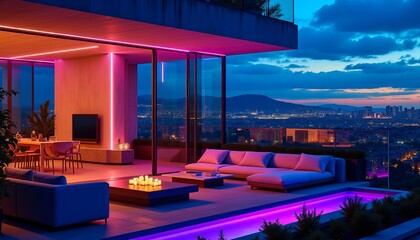 Obraz premium Luxurious modern rooftop terrace with vibrant neon lighting overlooking a stunning cityscape at sunset.