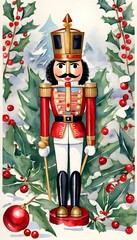 A nutcracker surrounded by holly, pinecones, and berries, set against a snowy and magical backdrop