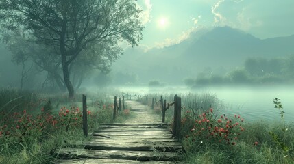 Obraz premium Serene misty lake scene with wooden bridge, poppies, and mountains.