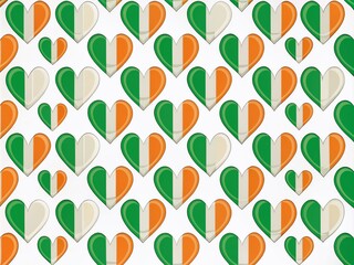 A captivating seamless pattern featuring flat heart-shaped Irish flags against a white backdrop, perfect for celebrations, events, and cultural themes. Vibrant and eye-catching design.