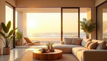 Fototapeta premium Modern beachfront living room with natural light and serene ocean views at sunset.
