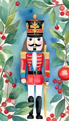 A nutcracker surrounded by holly, pinecones, and berries, set against a snowy and magical backdrop