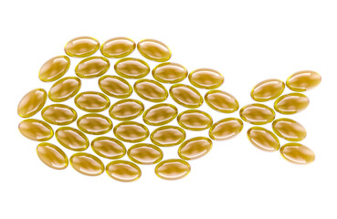 Fatty acid, omega 3 capsules in shape of fish, 3D rendering isolated on transparent background
