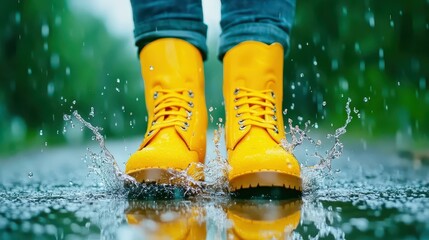 Yellow boots make a splash as raindrops fall, showcasing vibrant color against a blurred, rainy backdrop.