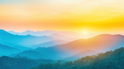 Obraz premium A vibrant sunset casts warm hues over a verdant valley, creating a stunning visual thats simply breathtaking.