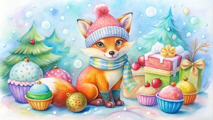 Fototapeta premium a charming fox in a hat, gifts, socks, mittens, colorful balls, and sweet cupcakes for your festive celebrations.