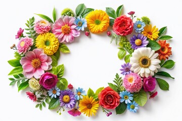 Fototapeta premium A charming floral round frame adorned with vibrant summer flowers and lush green leaves, perfect for greeting cards, posters, and stylish home decor accents.