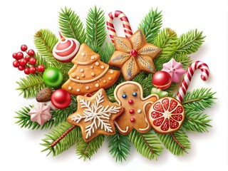 A charming vector design showcasing delightful cookies, sweets, and fir branches set against a crisp white background, perfect for spreading holiday cheer and seasonal greetings.