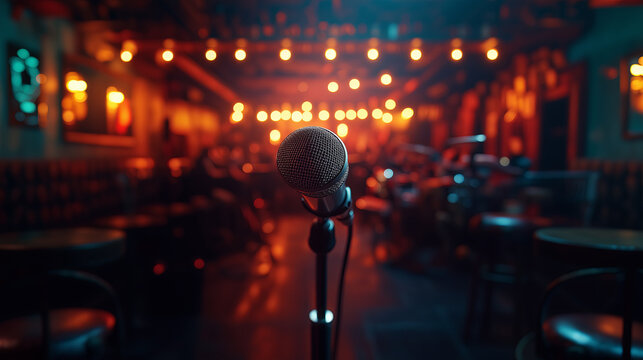 Microphone stands prominently in an intimate setting, surrounded by warm lighting that enhances the cozy atmosphere. At concert, lively music venue, karaoke, stand up show.  