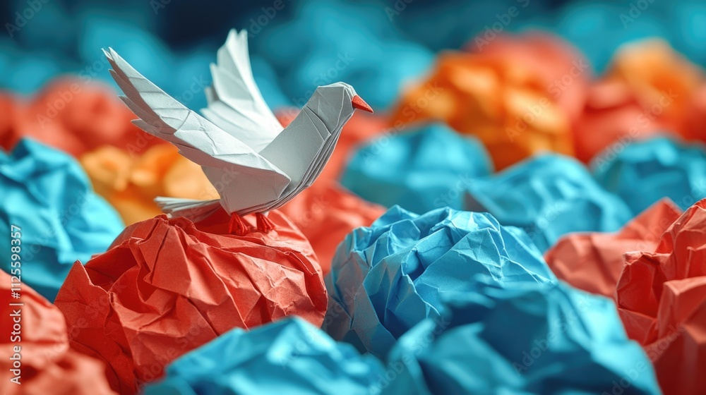 Poster A paper bird sits atop a stack of crumpled paper, creating a unique and whimsical scene