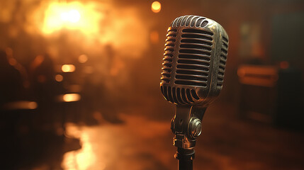 Single microphone on stand stands out in a dimly lit venue filled with warm colors. The atmosphere...