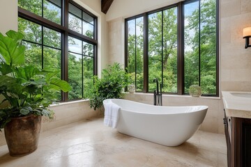 Fototapeta premium Spa-Style Bathroom with Forest View and Natural Tiles