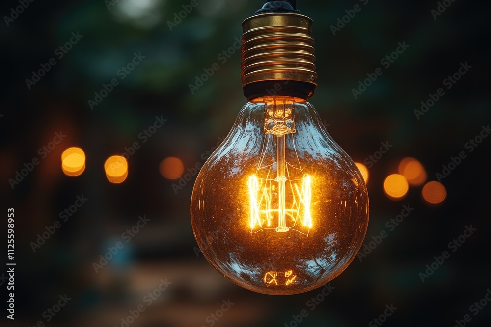 Poster a lone light bulb shining brightly in the darkness, useful for illustrating concepts such as illumin