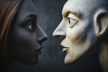 A detailed view of a sculpture featuring two people, a man and a woman, in a romantic pose