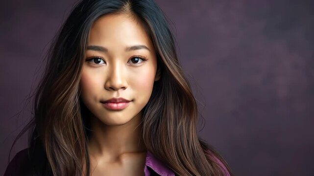 Professional Asian woman in purple blazer exudes confidence in a studio setting.