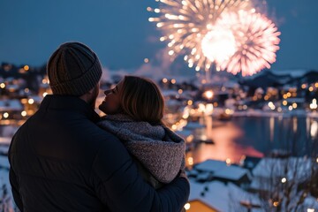 Fototapeta premium A romantic couple shares a loving moment while gazing at colorful fireworks illuminating the night sky in a picturesque snowy setting, creating a perfect winter memory.