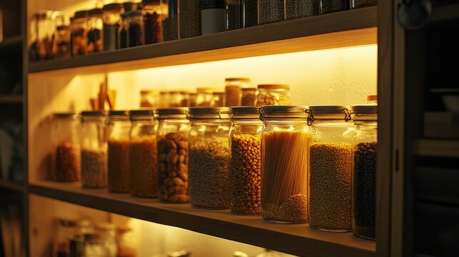 Glass Jars Filled With Various Grains And Pasta On Shelf