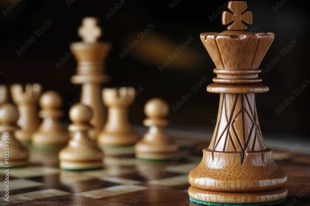 Poster A detailed view of a chess game in progress, featuring various pieces and squares